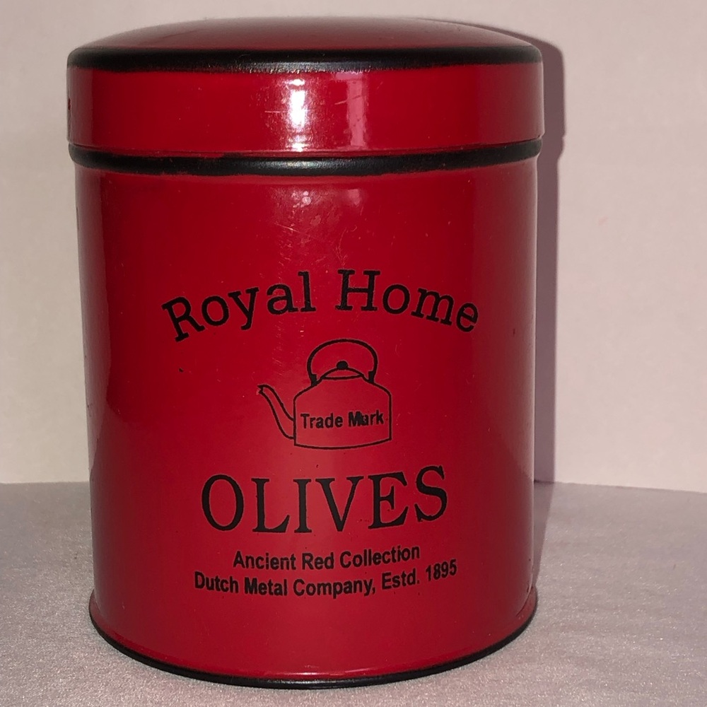 Royal Home Ancient Red Collection Metal/Enamel Red Canister, Olives, pre-owned